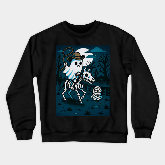 Ghost Cowboy and Skeleton Horse – Cute Spooky Western Halloween Art Crewneck Sweatshirt by DonWillisJrArt