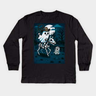 Ghost Cowboy and Skeleton Horse – Cute Spooky Western Halloween Art Kids Long Sleeve T-Shirt