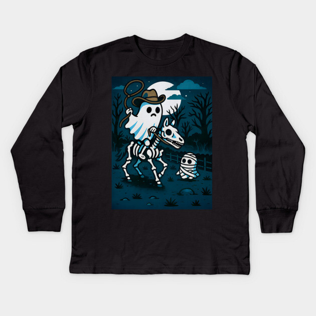 Ghost Cowboy and Skeleton Horse – Cute Spooky Western Halloween Art Kids Long Sleeve T-Shirt by DonWillisJrArt