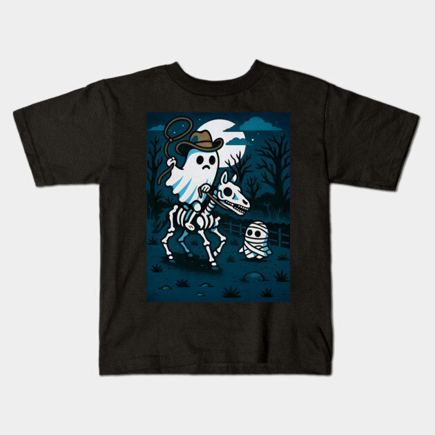 Ghost Cowboy and Skeleton Horse – Cute Spooky Western Halloween Art Kids T-Shirt by DonWillisJrArt
