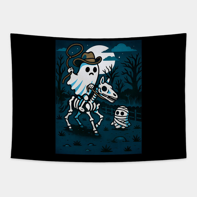 Ghost Cowboy and Skeleton Horse – Cute Spooky Western Halloween Art Tapestry by DonWillisJrArt