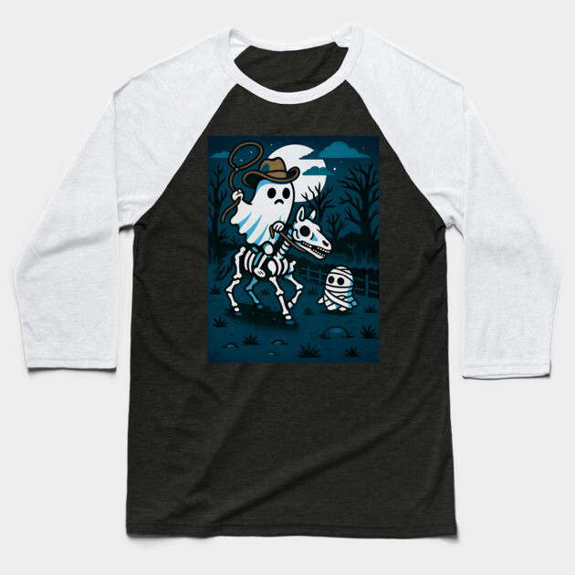 Ghost Cowboy and Skeleton Horse – Cute Spooky Western Halloween Art Baseball T-Shirt by DonWillisJrArt