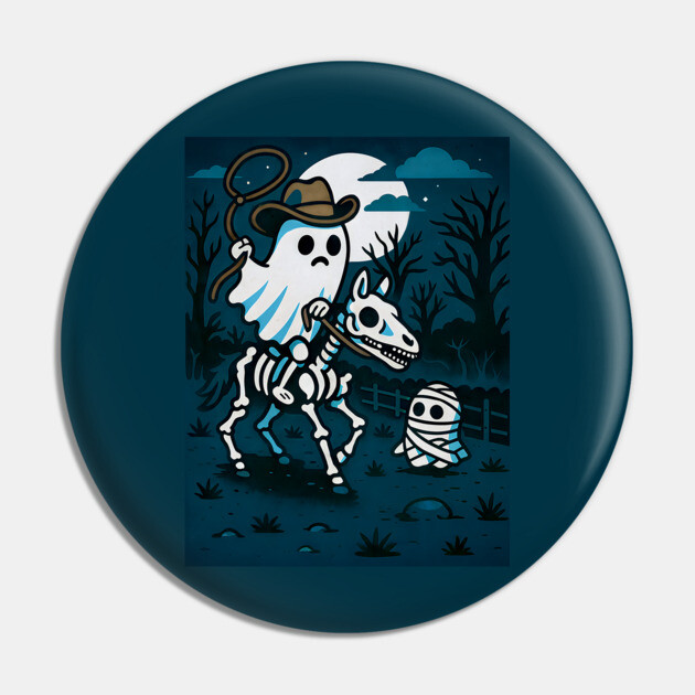 Ghost Cowboy and Skeleton Horse – Cute Spooky Western Halloween Art Pin by DonWillisJrArt
