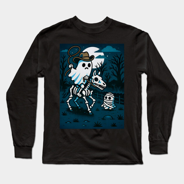 Ghost Cowboy and Skeleton Horse – Cute Spooky Western Halloween Art Long Sleeve T-Shirt by DonWillisJrArt