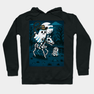 Ghost Cowboy and Skeleton Horse – Cute Spooky Western Halloween Art Hoodie