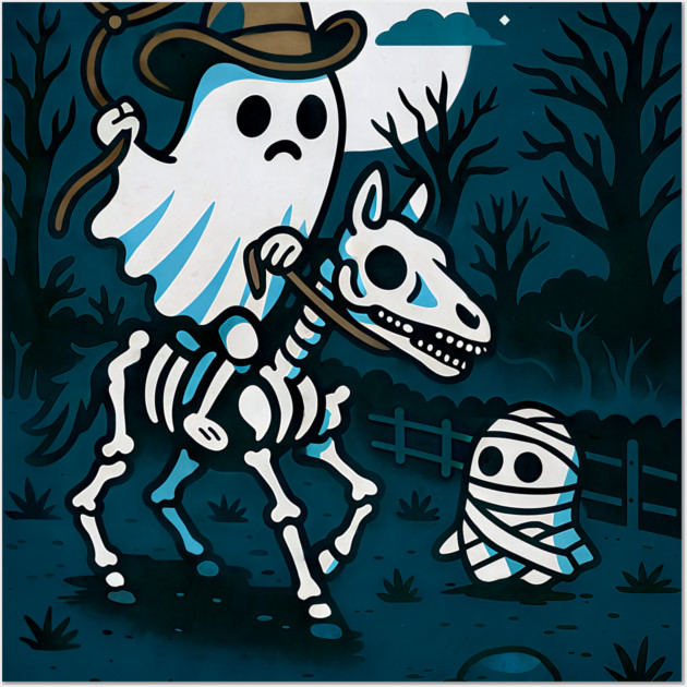 Ghost Cowboy and Skeleton Horse – Cute Spooky Western Halloween Art Wall Art by DonWillisJrArt