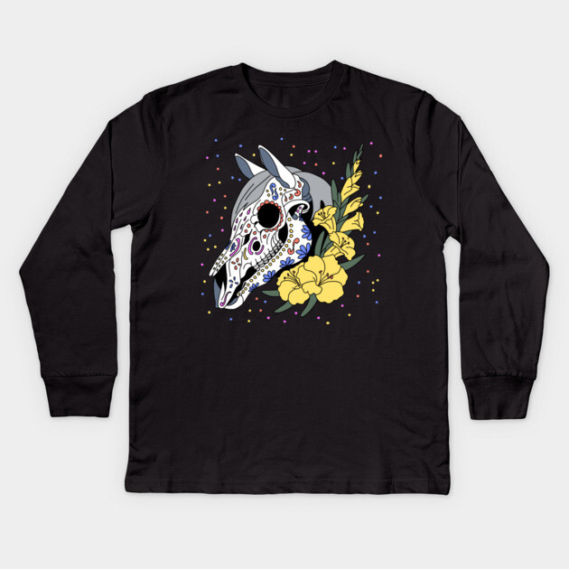 August's Gladiolus & Horse Skull Kids Long Sleeve T-Shirt by H. R. Sinclair