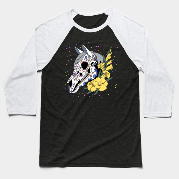 August's Gladiolus & Horse Skull Baseball T-Shirt by H. R. Sinclair