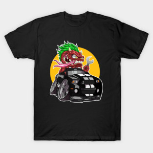 DigiRods Gremlin Mechanic Monster Driver Black Shelby Mustang Hot Rod Shifter Cartoon Car T-Shirt