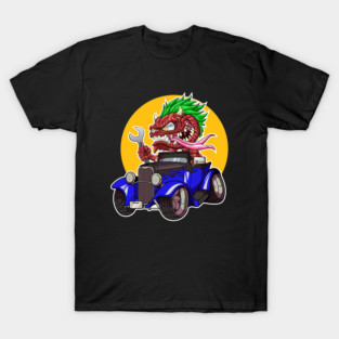 DigiRods Gremlin Mechanic Monster Driver Blue 1930's Custom Hot Rod Shifter Cartoon Car T-Shirt