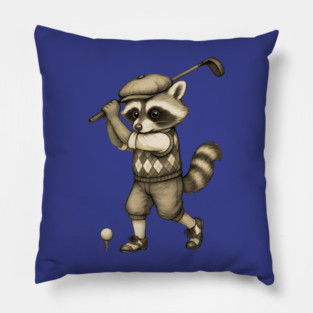 Vintage Style Golfing Raccoon - Animal Sports Illustration Pillow