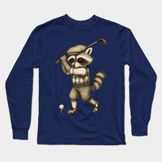 Vintage Style Golfing Raccoon - Animal Sports Illustration Long Sleeve T-Shirt by DonWillisJrArt