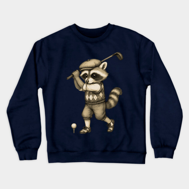 Vintage Style Golfing Raccoon - Animal Sports Illustration Crewneck Sweatshirt by DonWillisJrArt