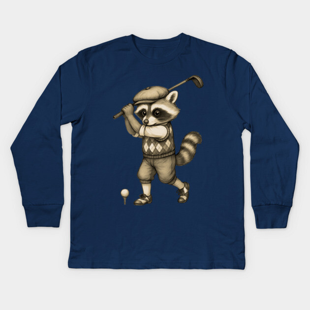 Vintage Style Golfing Raccoon - Animal Sports Illustration Kids Long Sleeve T-Shirt by DonWillisJrArt