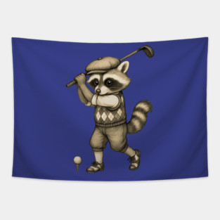 Vintage Style Golfing Raccoon - Animal Sports Illustration Tapestry