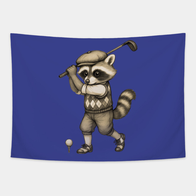 Vintage Style Golfing Raccoon - Animal Sports Illustration Tapestry by DonWillisJrArt