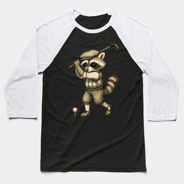 Vintage Style Golfing Raccoon - Animal Sports Illustration Baseball T-Shirt by DonWillisJrArt