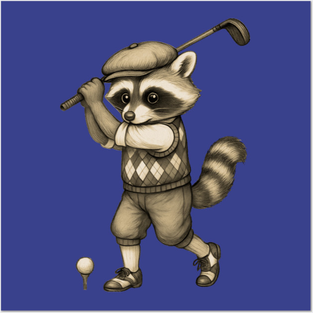 Vintage Style Golfing Raccoon - Animal Sports Illustration Wall Art by DonWillisJrArt