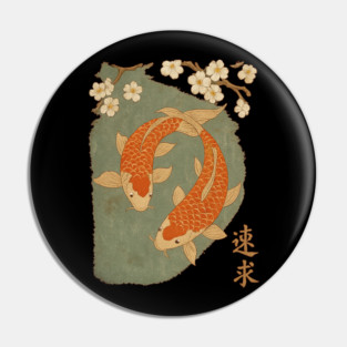 Koi Fish and Sakura Blossom Japanese Style Woodblock Art Pin
