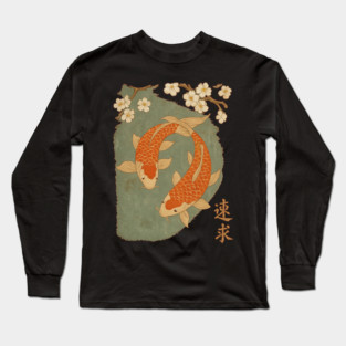 Koi Fish and Sakura Blossom Japanese Style Woodblock Art Long Sleeve T-Shirt