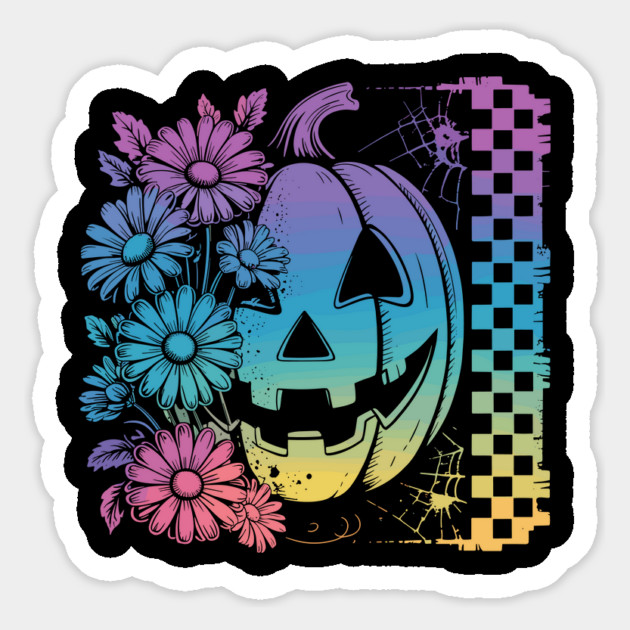 Halloween Pumpkin with Flowers and Checkerboard Magnet by JessArty
