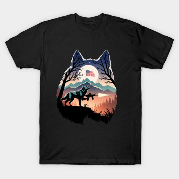 Howling Wolf Firing Gun Under US Flag T-Shirt by belownormal