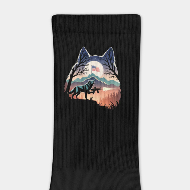 Howling Wolf Firing Gun Under US Flag by belownormal