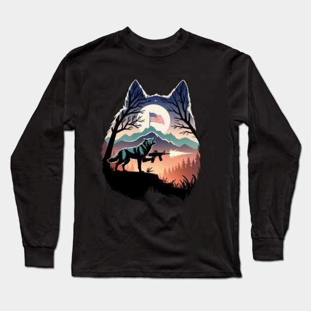 Howling Wolf Firing Gun Under US Flag Long Sleeve T-Shirt by belownormal