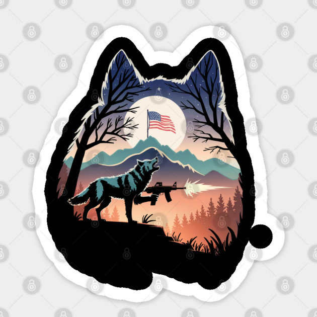Howling Wolf Firing Gun Under US Flag Sticker by belownormal