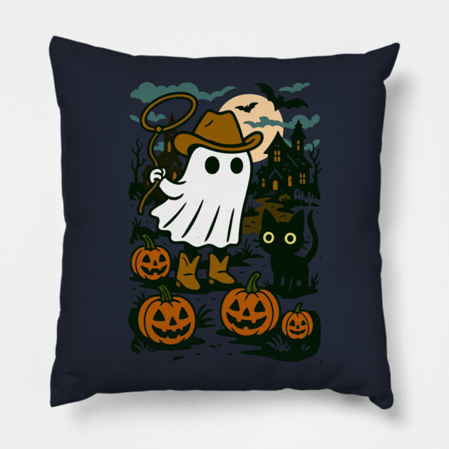Cowboy Ghost and Black Cat – Cute Halloween Western Design Pillow by DonWillisJrArt