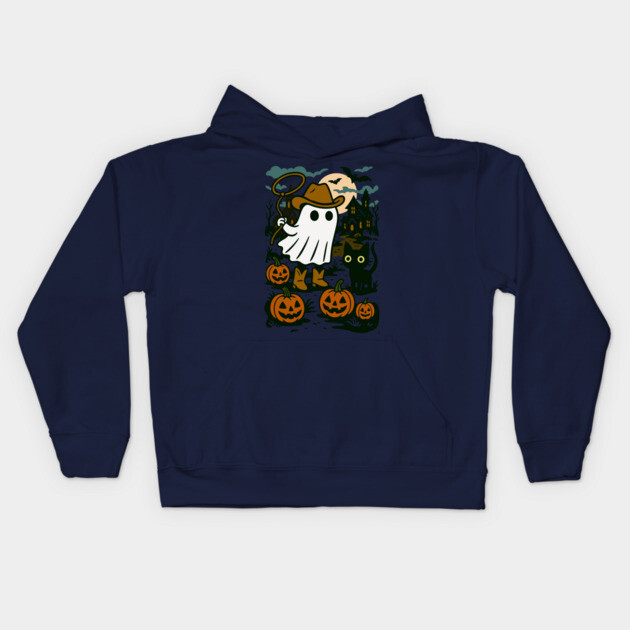 Cowboy Ghost and Black Cat – Cute Halloween Western Design Kids Hoodie by DonWillisJrArt