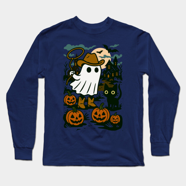 Cowboy Ghost and Black Cat – Cute Halloween Western Design Long Sleeve T-Shirt by DonWillisJrArt