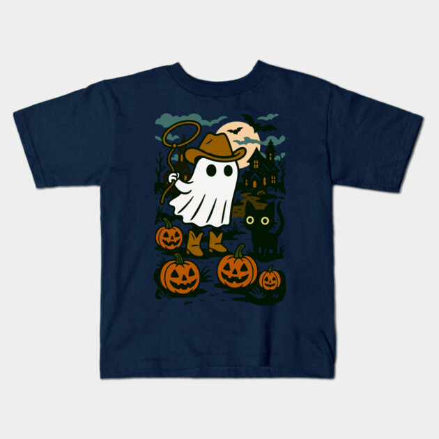 Cowboy Ghost and Black Cat – Cute Halloween Western Design Kids T-Shirt by DonWillisJrArt