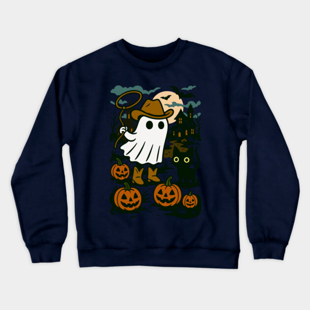 Cowboy Ghost and Black Cat – Cute Halloween Western Design Crewneck Sweatshirt by DonWillisJrArt
