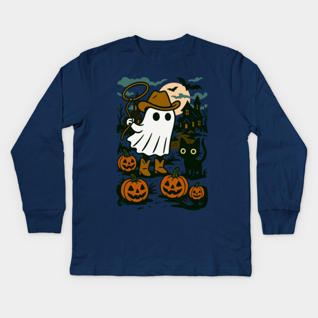 Cowboy Ghost and Black Cat – Cute Halloween Western Design Kids Long Sleeve T-Shirt by DonWillisJrArt