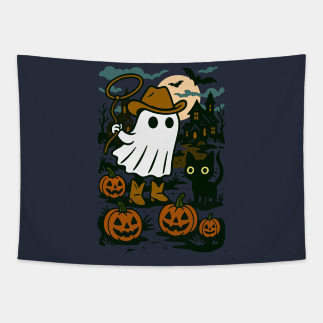 Cowboy Ghost and Black Cat – Cute Halloween Western Design Tapestry by DonWillisJrArt