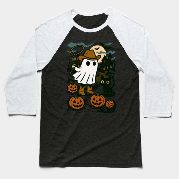 Cowboy Ghost and Black Cat – Cute Halloween Western Design Baseball T-Shirt by DonWillisJrArt