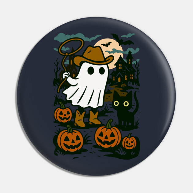 Cowboy Ghost and Black Cat – Cute Halloween Western Design Pin by DonWillisJrArt