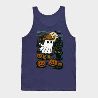 Cowboy Ghost and Black Cat – Cute Halloween Western Design Tank Top