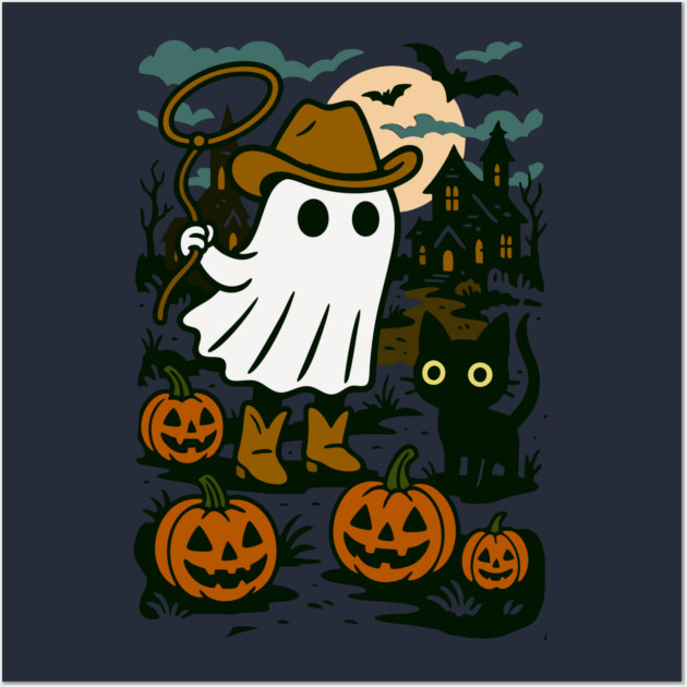 Cowboy Ghost and Black Cat – Cute Halloween Western Design Wall Art by DonWillisJrArt