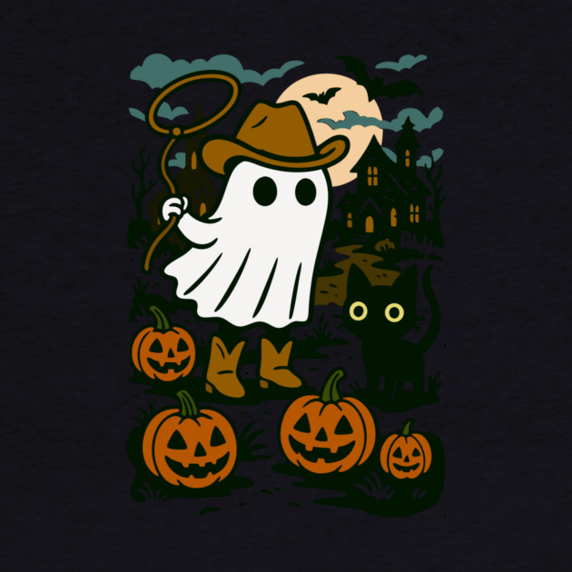 Cowboy Ghost and Black Cat – Cute Halloween Western Design by DonWillisJrArt