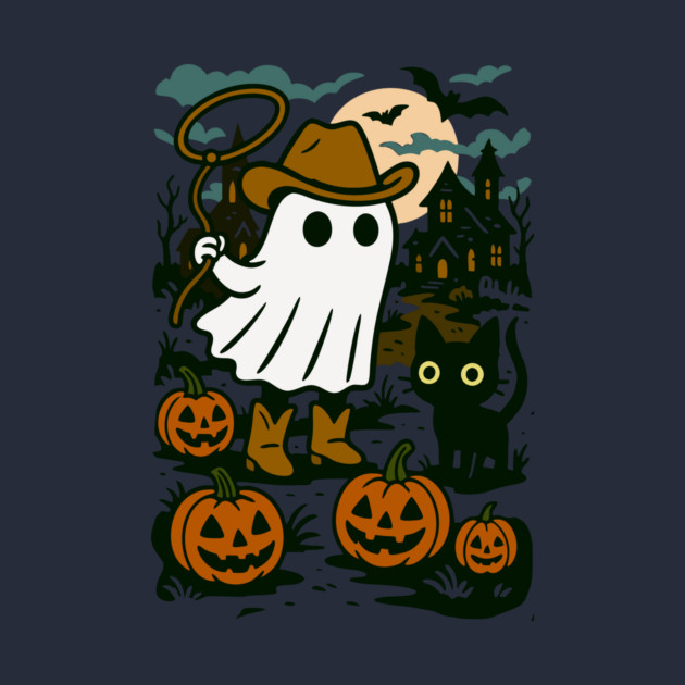 Cowboy Ghost and Black Cat – Cute Halloween Western Design by DonWillisJrArt