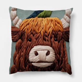 highland cow with a colorful bird Pillow