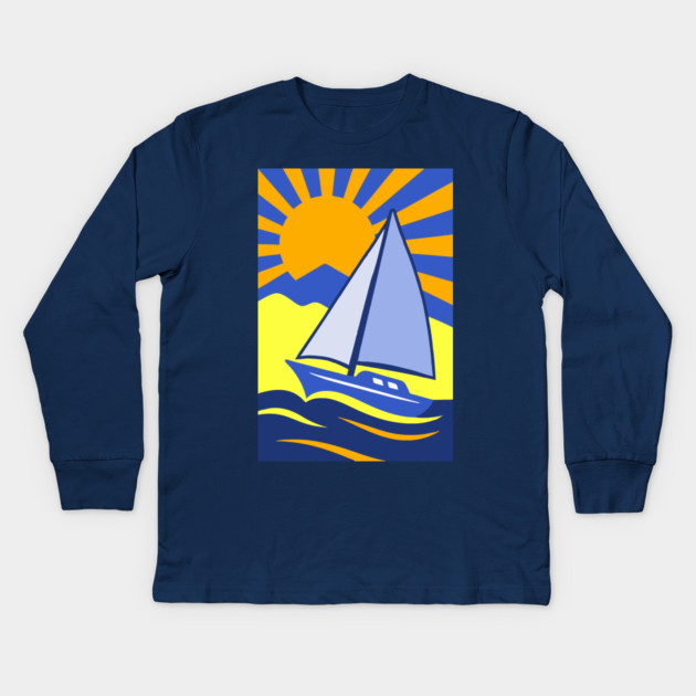 Retro Sailboat Art – Bold Ocean Sailing Sunset Design Kids Long Sleeve T-Shirt by DonWillisJrArt