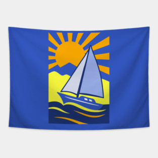 Retro Sailboat Art – Bold Ocean Sailing Sunset Design Tapestry
