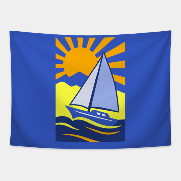 Retro Sailboat Art – Bold Ocean Sailing Sunset Design Tapestry by DonWillisJrArt