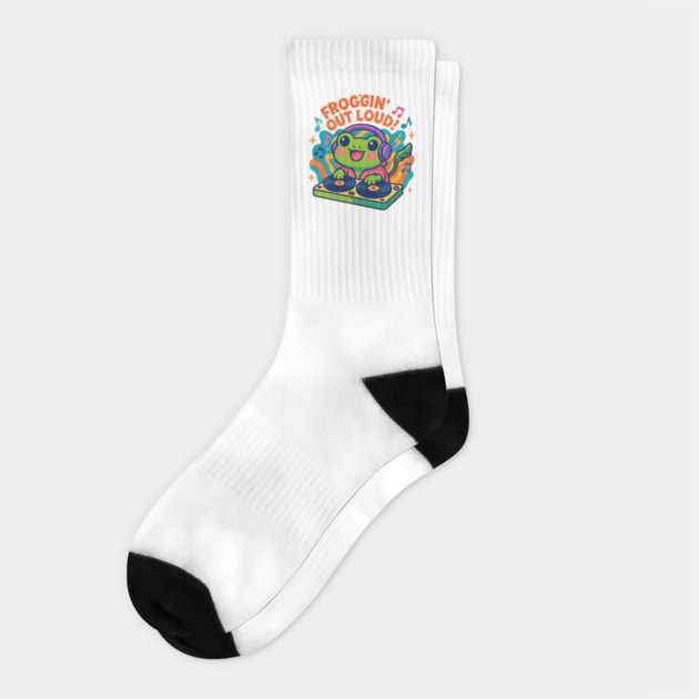 Froggin’ Out Loud DJ Frog – Cute Kawaii Frog Music Cartoon T-Shirt & Apparel Socks by Anne Lee