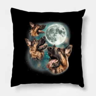 Three German Shepherd Moon  Funny Howling Dogs Canine Meme T-Shirt Pillow