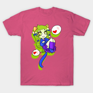 Catgirl with Green Hair and Heart Bubble T-Shirt