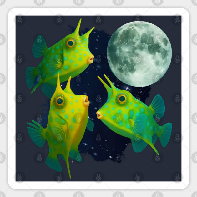 Three Longhorn Cowfish Howling at Moon, funny fish meme design Sticker by Luxinda